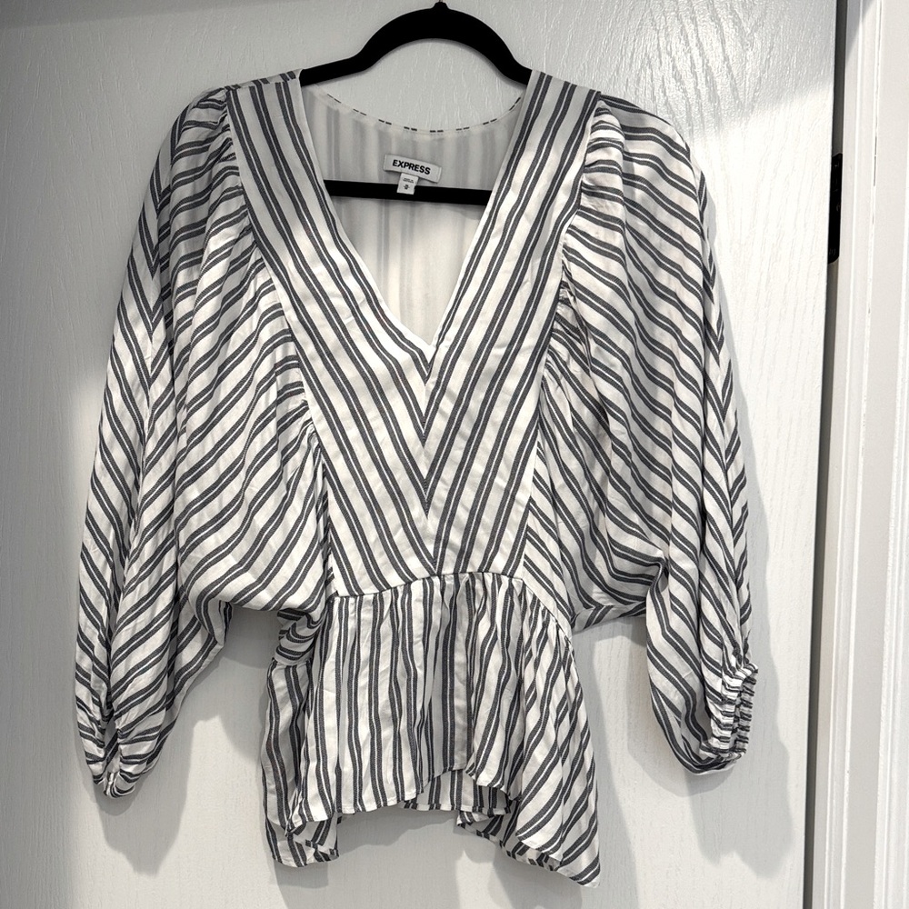 Express V-Neck Striped Blouse in Black and White & silver shimmery threading.